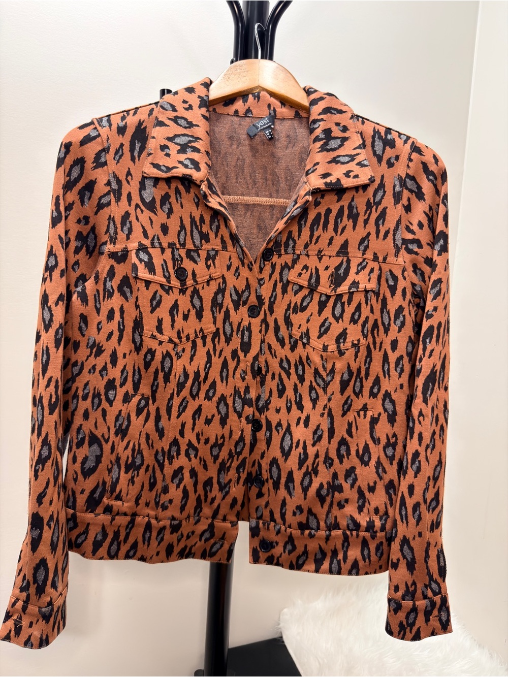YEST Leopard Print Button-Up Jacket in Rust and Black
